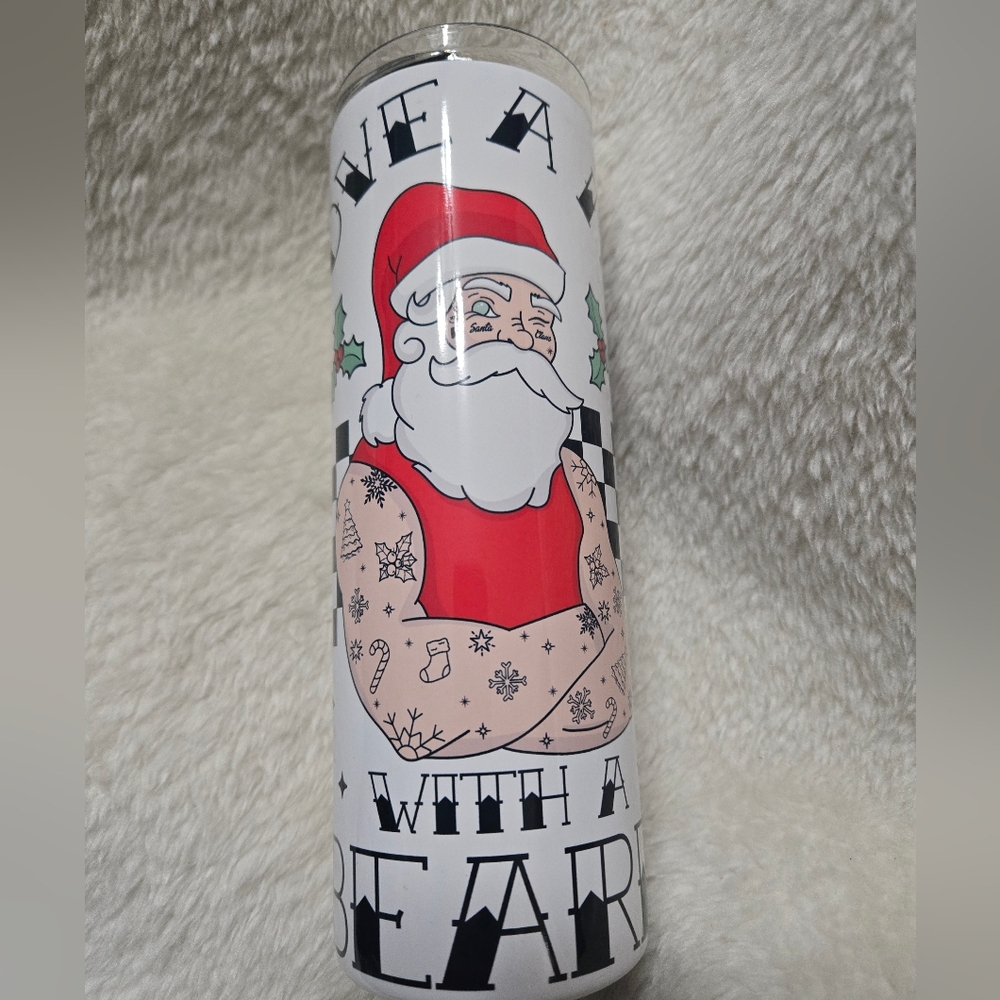 "I Love A Man With A Beard" Tattoo Santa Christmas Sublimation Tumbler NEW